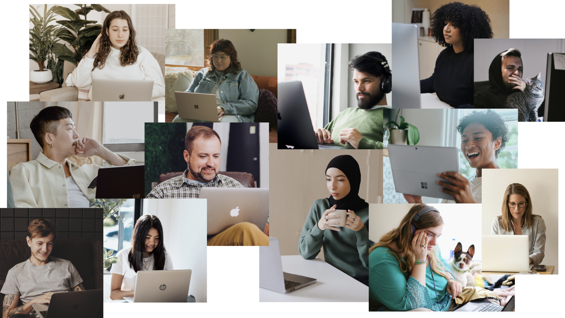 Photo collage showing diverse individuals engaged in teletherapy sessions. 